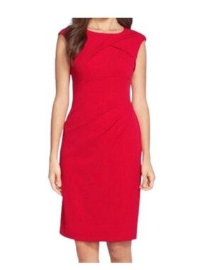 Adrianna Papell Red Crepe Sheath Dress Size 8 Poppy Pleated Neck Cocktail Career